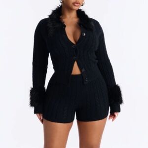 NEW Faux Fur Trim Black Knit Cardigan and Shorts Set